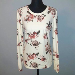 Rue 21 White w/ Large Rose Print Long Sleeve Size Large Super Soft